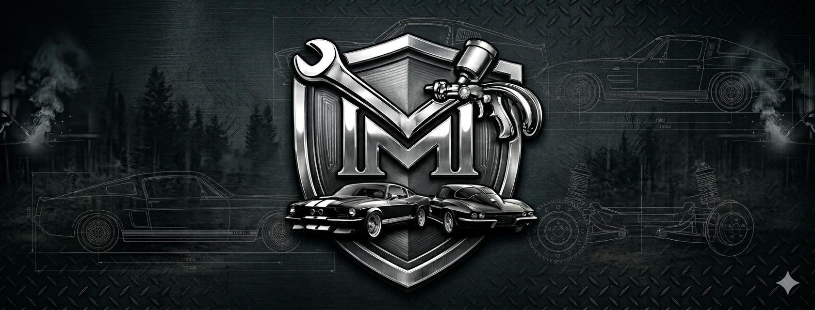 Midland Custom Shop shield emblem with wrench and paint gun over a dark metal and blueprint background